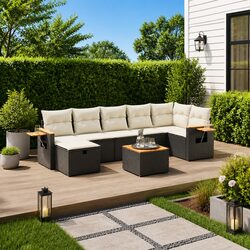 8-Piece Black Rattan Patio Sofa Set - Specifications Included