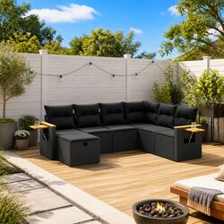 7 Piece Garden Sofa Set Outdoor Patio Furniture with Cushions Black Poly Rattan