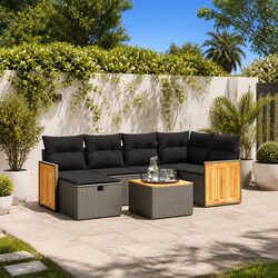 7 Piece Modular Outdoor Sofa Set – Black Poly Rattan, Acacia Wood