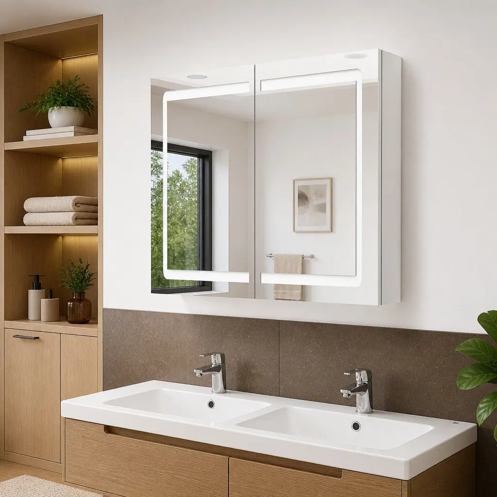 LED Bathroom Mirror Cabinet Wall Mounted Storage White 80x12x68cm