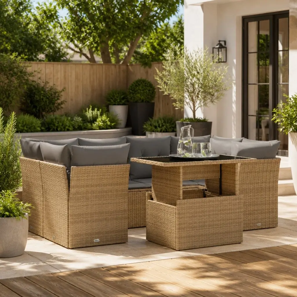 7 Piece Outdoor Garden Sofa Set for Patio Beige Poly Rattan Furniture with Cushions