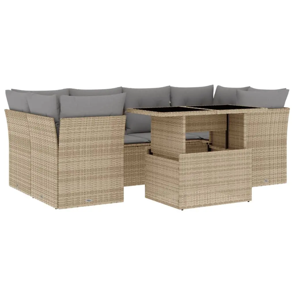 7 Piece Outdoor Garden Sofa Set for Patio Beige Poly Rattan Furniture with Cushions