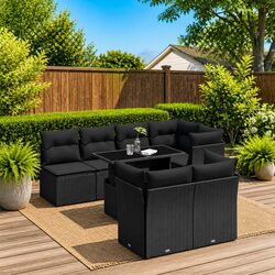 8-Piece Modular Garden Sofa Set - Black Rattan