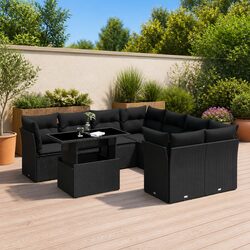 9 Piece Garden Sofa Set Outdoor Furniture Black Poly Rattan with Cushions Patio