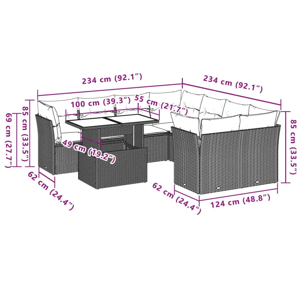9 Piece Garden Sofa Set Outdoor Furniture with Cushions Black Poly Rattan Patio