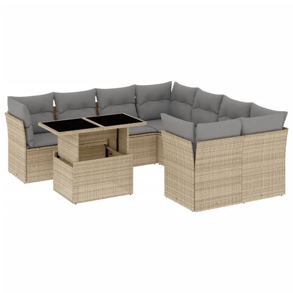 9 Piece Beige Poly Rattan Garden Sofa Set
