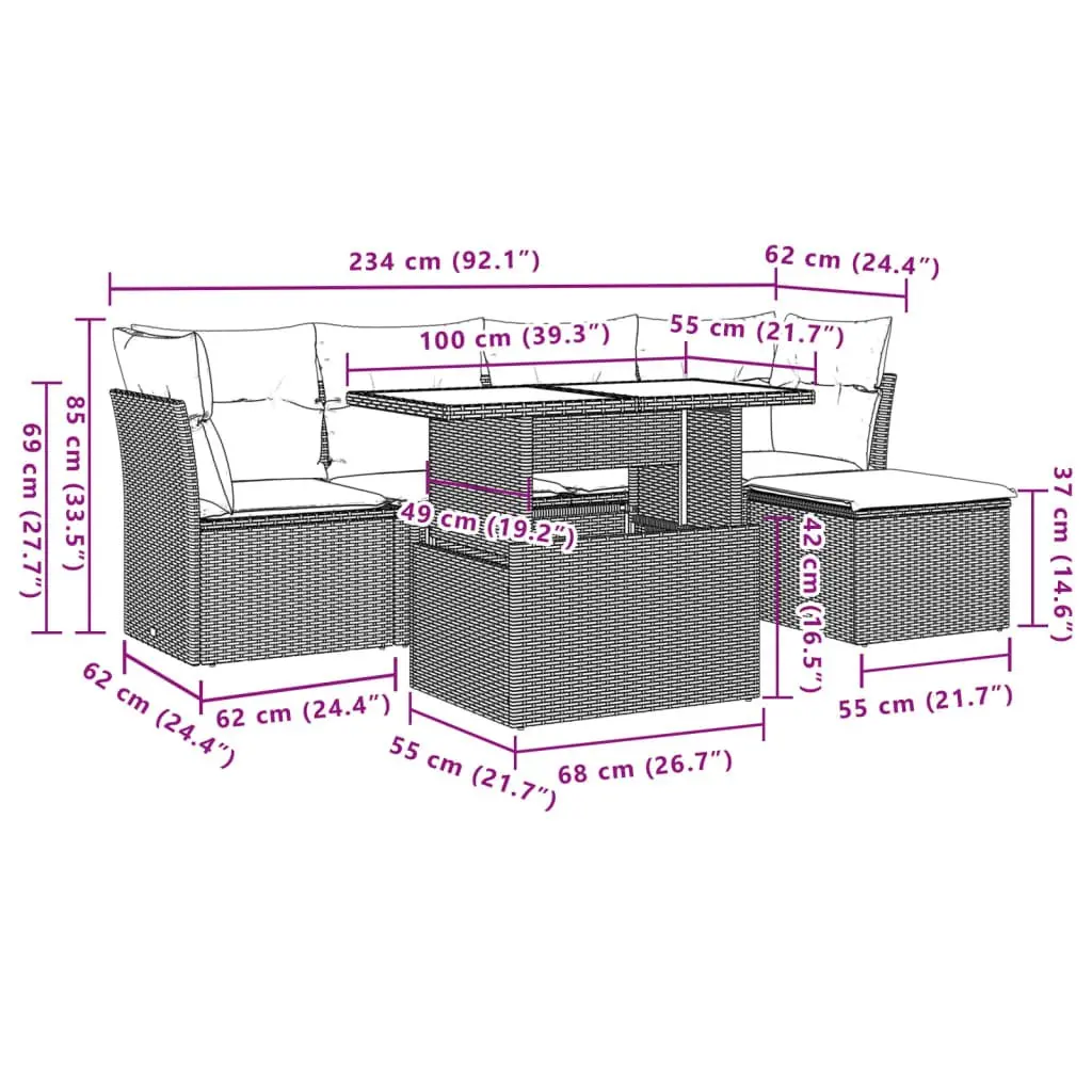 6 Piece Black Outdoor Rattan Sofa Set