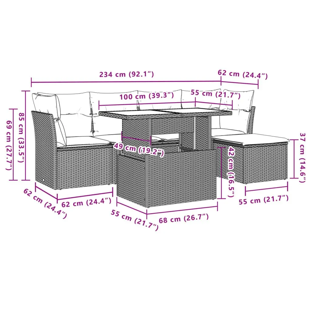 6 Piece Black Modular Sofa Set for Outdoors