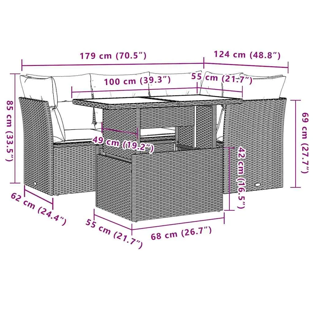 5 Piece Modular Garden Sofa Set with Adjustable Table
