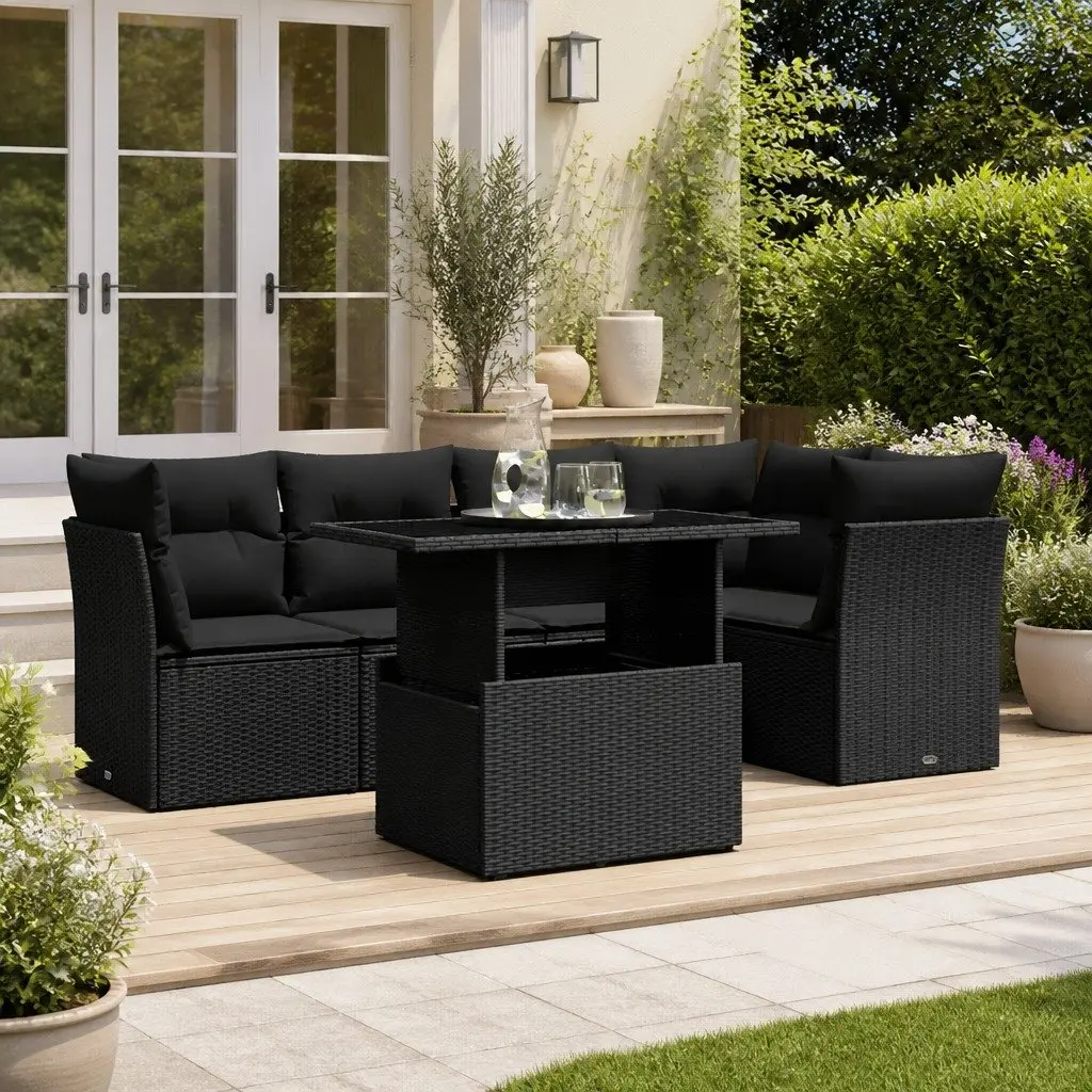 6 Piece Modular Outdoor Sofa Set Black PE Rattan with Cushions for Garden Patio