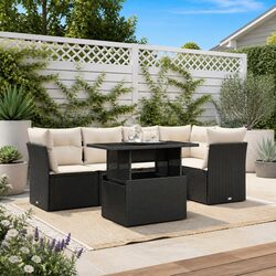 Garden Sofa Set - 6 Pieces, Black Poly Rattan with Cushions