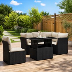 6 Piece Garden Sofa Set with Black Cushions and Rattan Frame