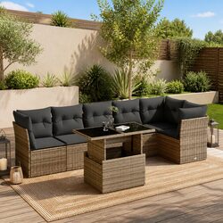 7 Piece Garden Sofa Set: Grey, PE Rattan, Cushions