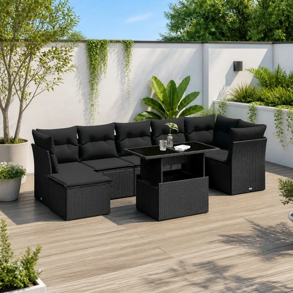 Garden Sofa Set Outdoor Furniture Modular 8 Piece Black Poly Rattan Patio Lounge