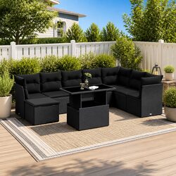 9 Piece Modular Garden Sofa Set in Black with Cushions