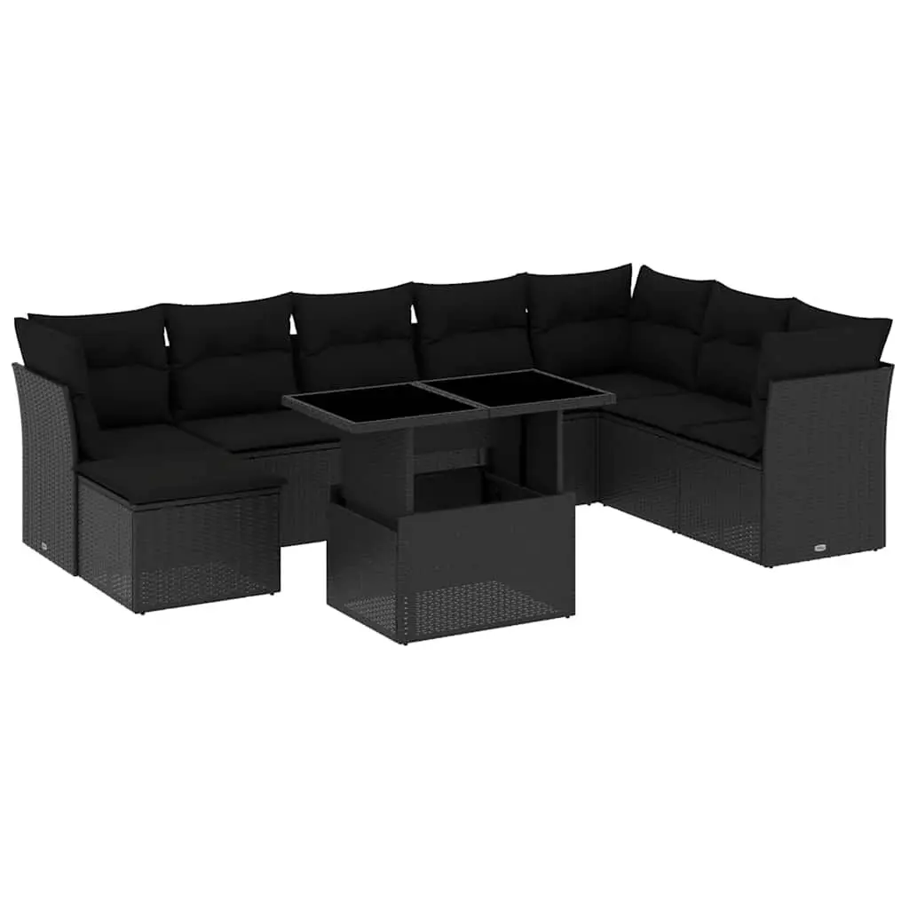 9 Piece Garden Sofa Set Outdoor Furniture Black Poly Rattan with Cushions
