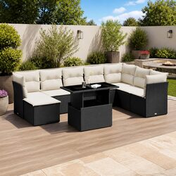 9 Piece Garden Sofa Set - Black Rattan with Cushions