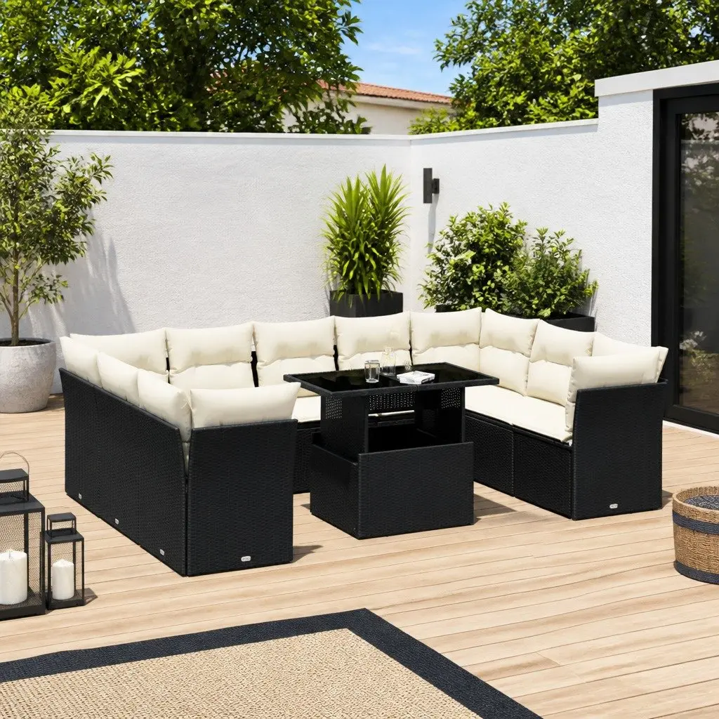 Garden Sofa Set Outdoor Furniture 10 Piece Black Poly Rattan Modular Patio