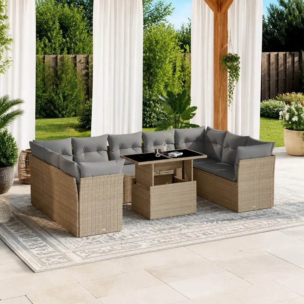 Garden Sofa Set Outdoor Furniture 10 Piece Beige Poly Rattan Patio