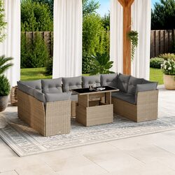 Garden Sofa Set 10 Piece Outdoor Furniture with Cushions Beige Poly Rattan Patio