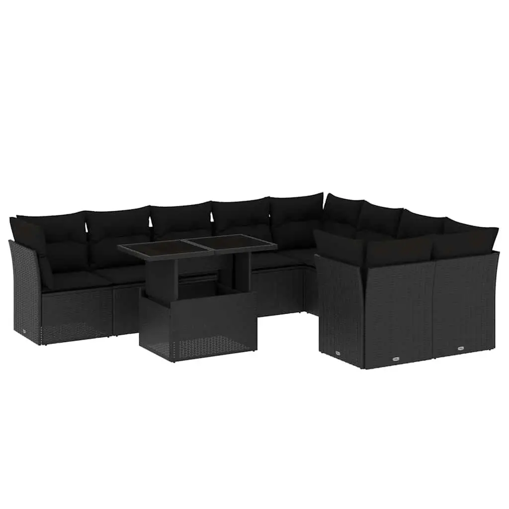 10 Piece Outdoor Garden Sofa Set for Patio Black Poly Rattan with Cushions