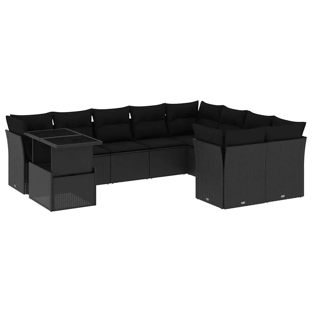 10 Piece Outdoor Garden Sofa Set for Backyard with Cushions Black Poly Rattan
