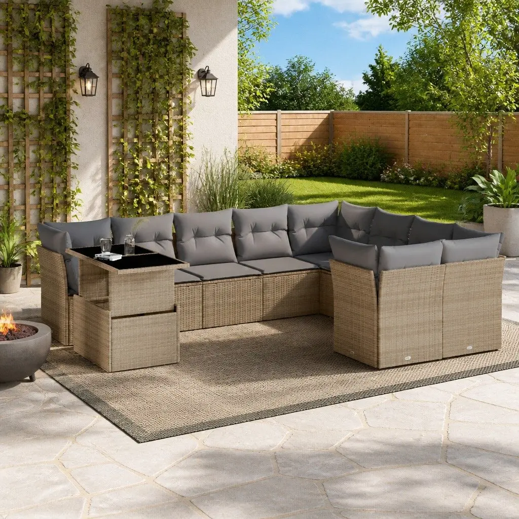 Garden Sofa Set Outdoor Furniture 10 Piece Beige Poly Rattan Cushions Patio