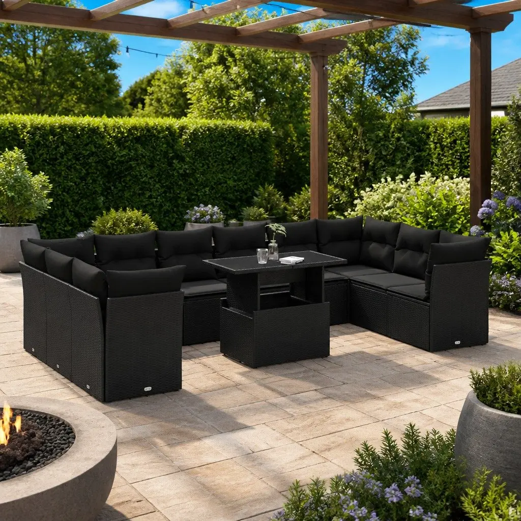 11 Piece Modular Sofa Set for Backyard Black PE Rattan Patio Furniture with Cushions and Adjustable Tabletop