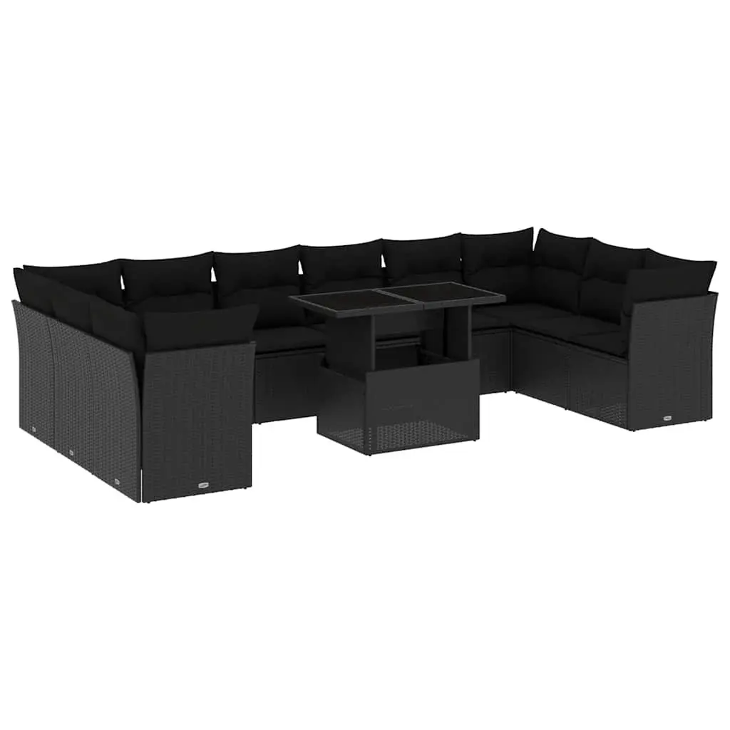 11 Piece Modular Sofa Set for Backyard Black PE Rattan Patio Furniture with Cushions and Adjustable Tabletop