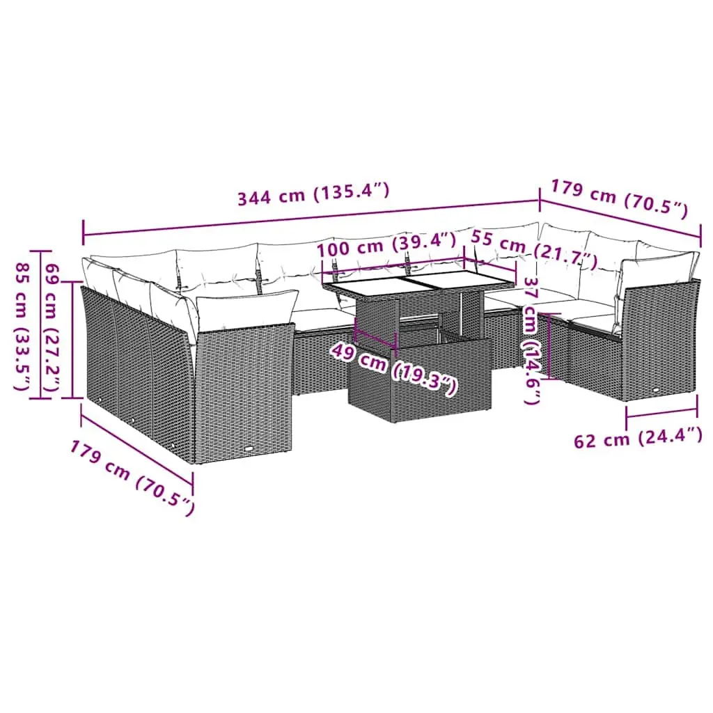 11 Piece Modular Sofa Set for Backyard Black PE Rattan Patio Furniture with Cushions and Adjustable Tabletop