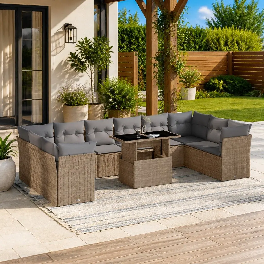 Garden Sofa Set Outdoor Furniture Modular 11 Piece Beige Poly Rattan