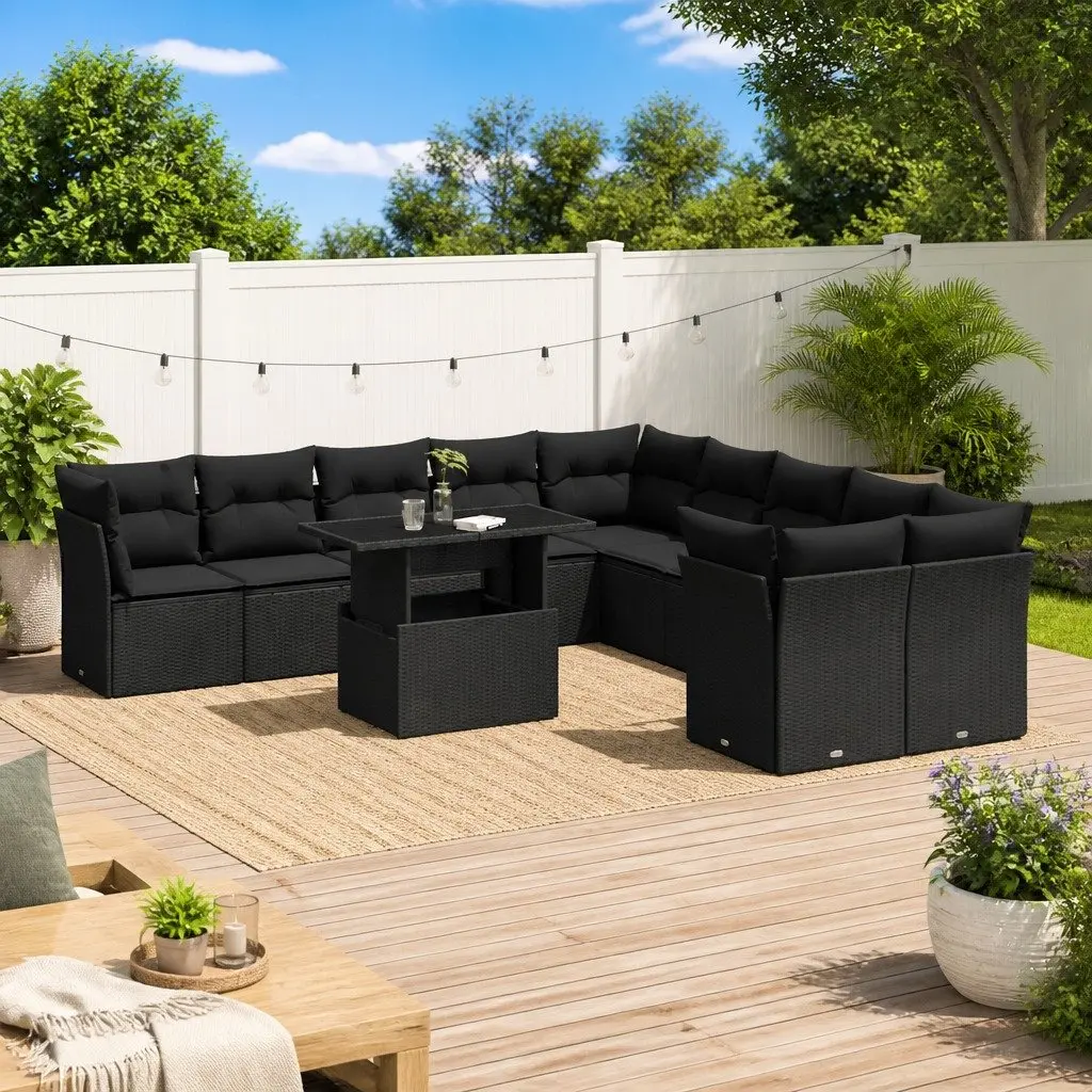 Garden Sofa Set 11 Piece Outdoor Furniture Patio Black Poly Rattan with Cushions