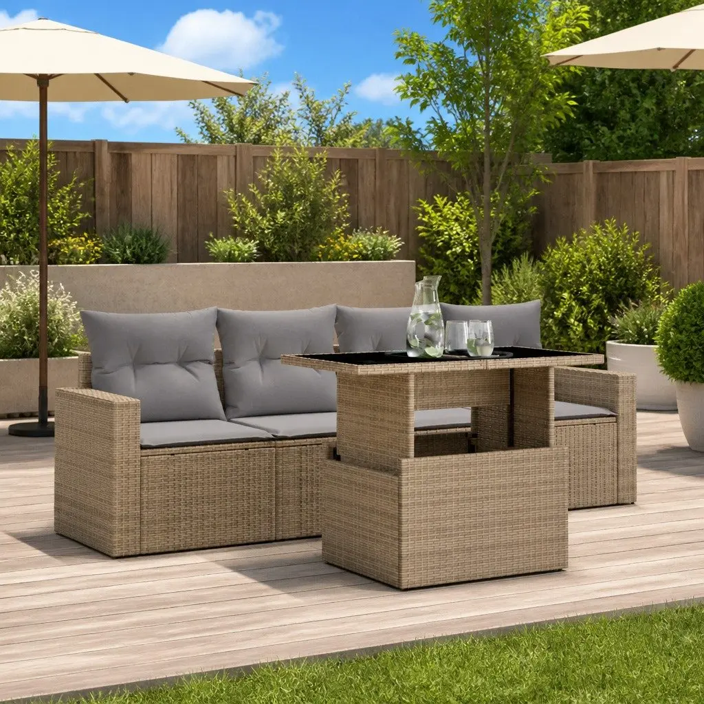 Outdoor Garden Sofa Set 5 Piece Beige Poly Rattan Furniture with Cushions Patio