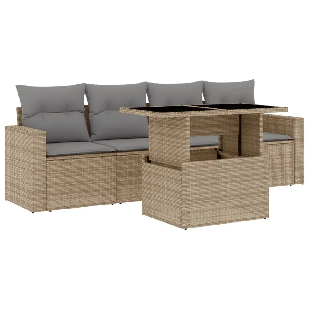 Outdoor Garden Sofa Set 5 Piece Beige Poly Rattan Furniture with Cushions Patio