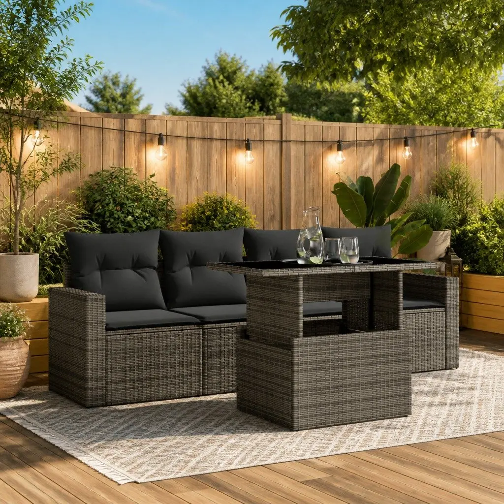 5 Piece Grey Outdoor Sofa Set with Cushions and Table