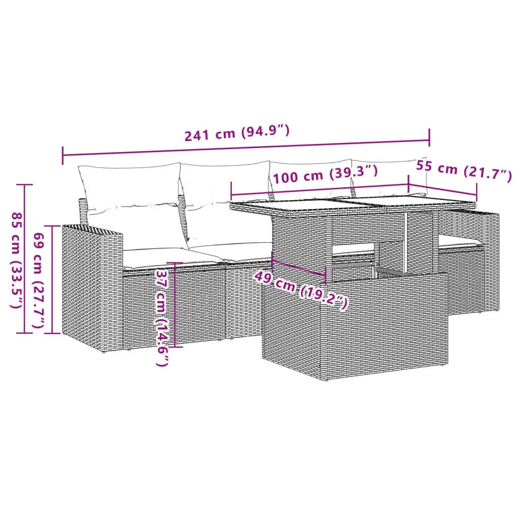 5 Piece Grey Outdoor Sofa Set with Cushions and Table