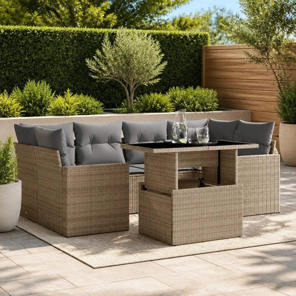 7 Piece Outdoor Garden Sofa Set for Patio with Adjustable Dining Table and Beige Cushions