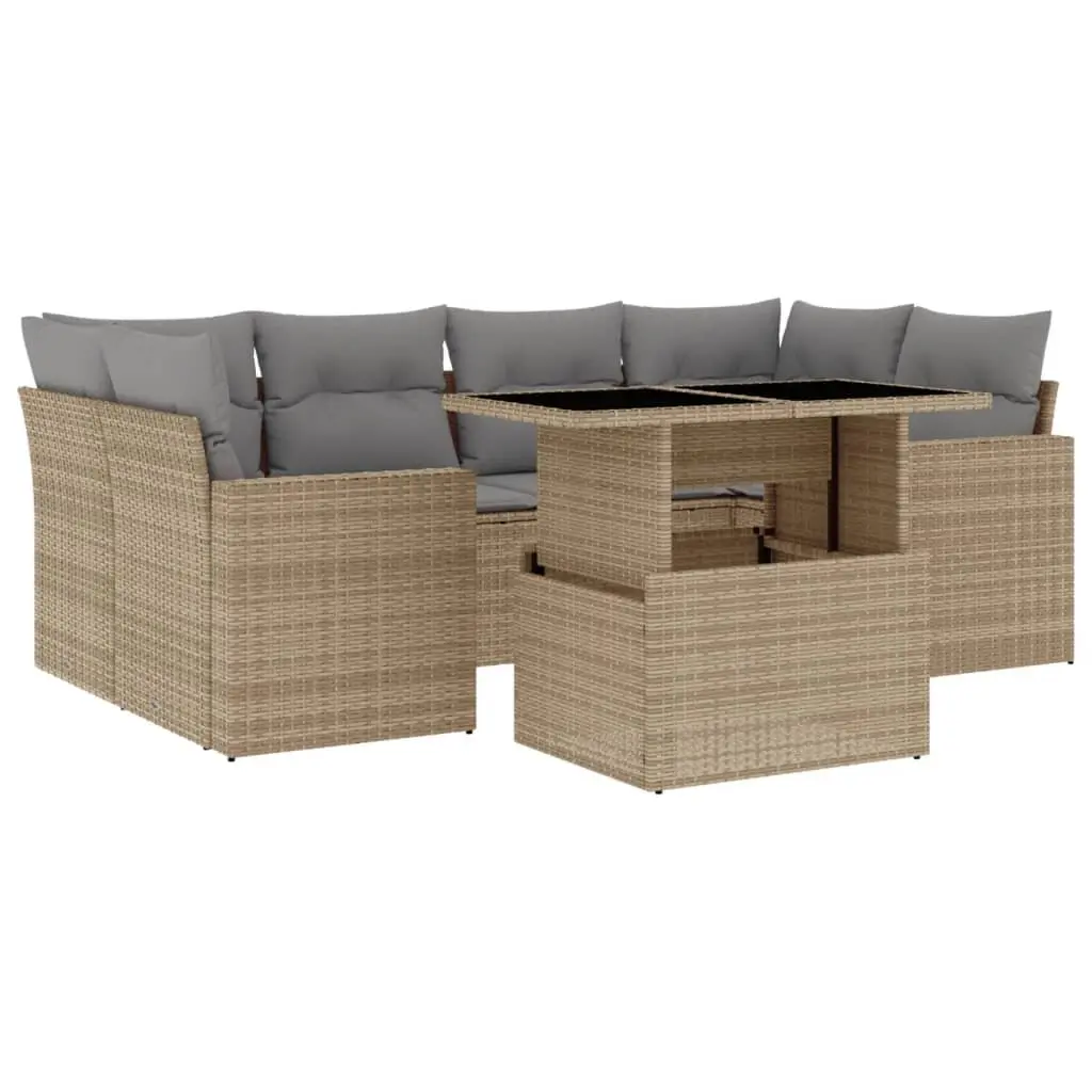 7 Piece Outdoor Garden Sofa Set for Patio with Adjustable Dining Table and Beige Cushions