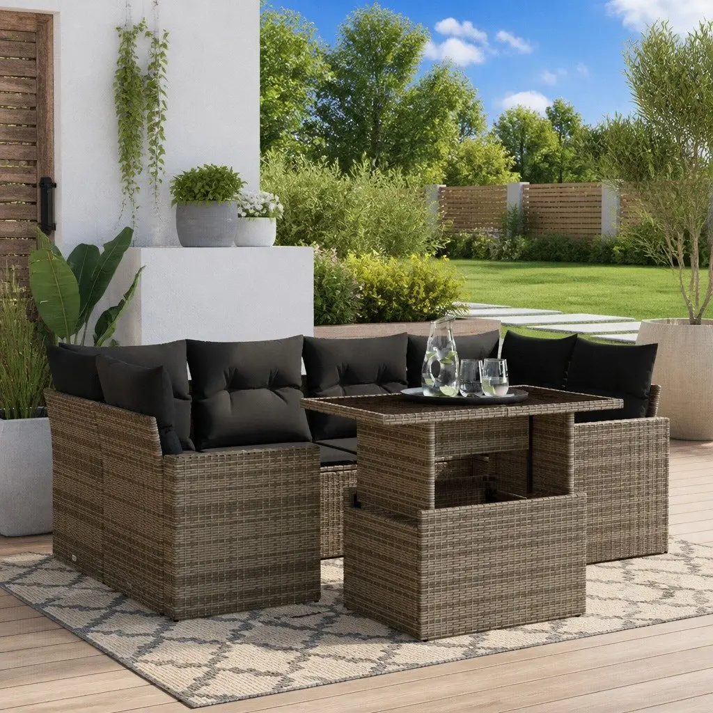 Grey Rattan Outdoor Sofa Set 7 Piece for Patio with Cushions and Adjustable Table