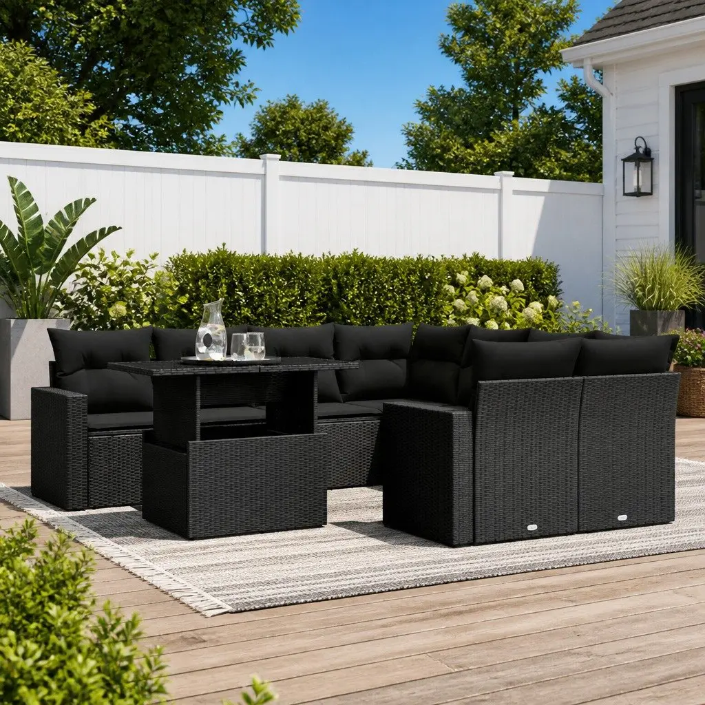 Garden Sofa Set Outdoor Furniture 9 Piece Black Poly Rattan with Cushions Patio