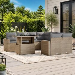 Garden Sofa Set - 9 Pieces of Beige PE Rattan Furniture