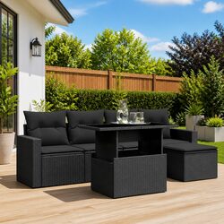 Garden Sofa Set 6 Piece Outdoor Patio Furniture Poly Rattan Black with Cushions