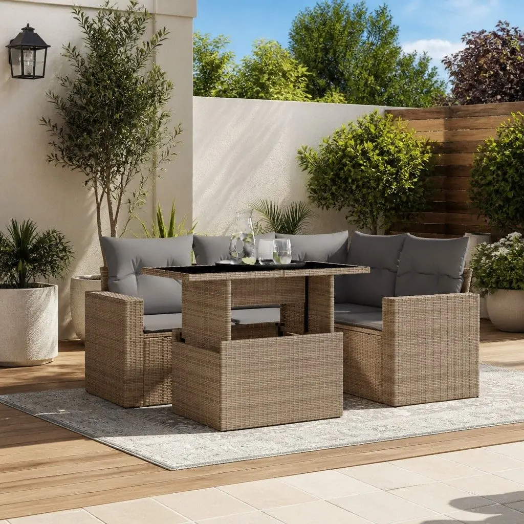 Outdoor Garden Sofa Set 5 Piece Beige Poly Rattan Patio Furniture with Cushions