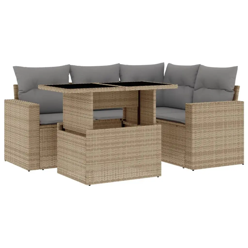 Outdoor Garden Sofa Set 5 Piece Beige Poly Rattan Patio Furniture with Cushions