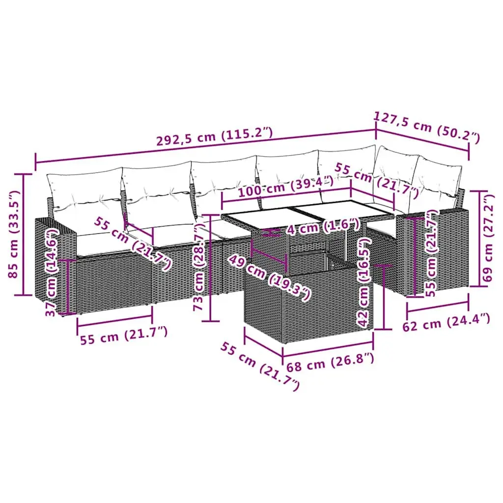 7-Piece Modular Garden Sofa Set with Adjustable Height Table