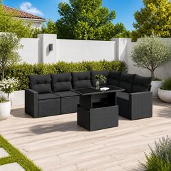7 Piece Garden Sofa Set with Cushions Black Outdoor Furniture Poly Rattan Patio