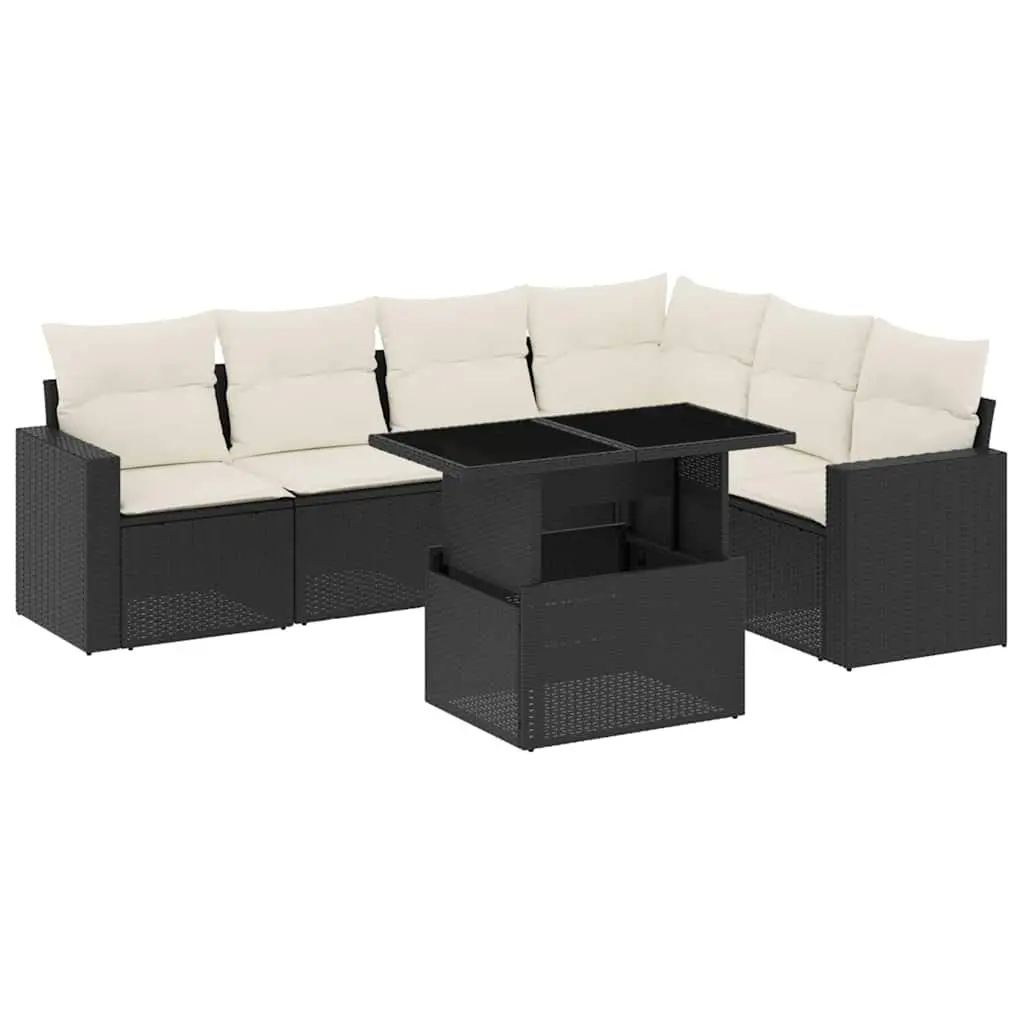 Black Poly Rattan 7 Piece Modular Outdoor Sofa Set for Patio with Adjustable Table and Thick Cushions