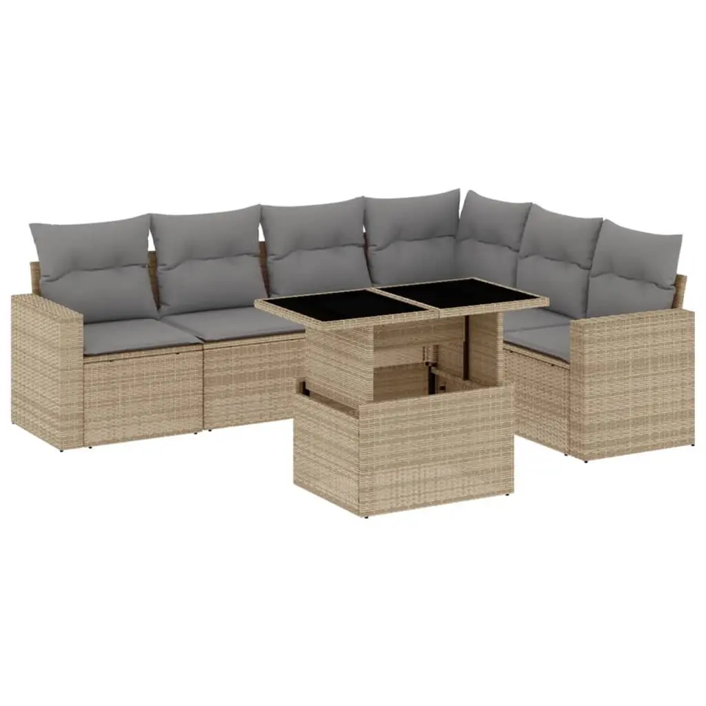 7 Piece Outdoor Garden Sofa Set Beige Poly Rattan Patio Furniture with Cushions