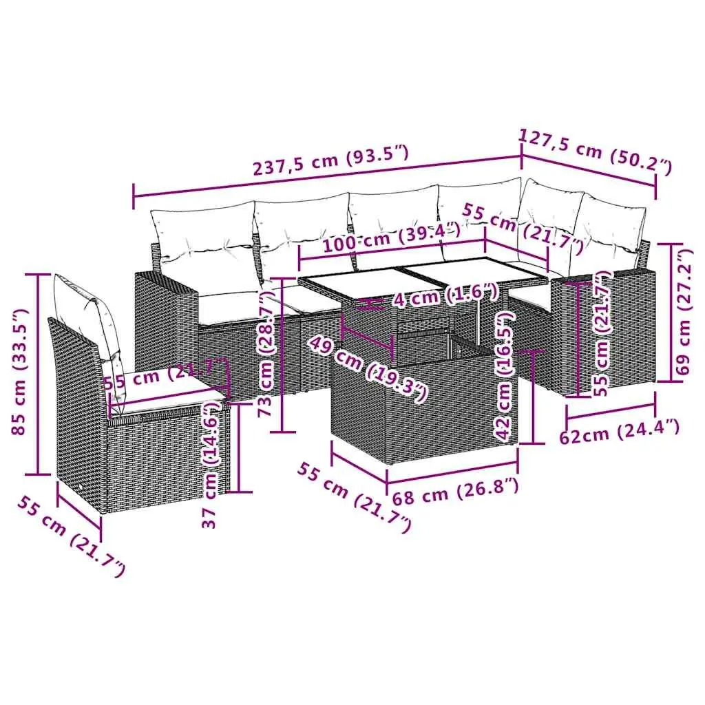 7 Piece Modular Black Rattan Outdoor Sofa