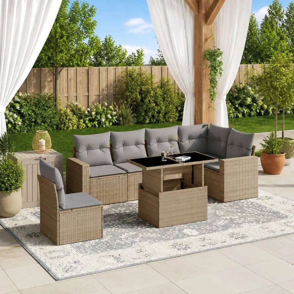 7 Piece Garden Sofa Set Beige Outdoor Furniture Patio Rattan with Cushions